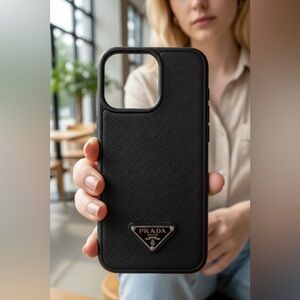 Prada Saffiano Leather Black Phone Cover for IPhone 15 Pro Max.